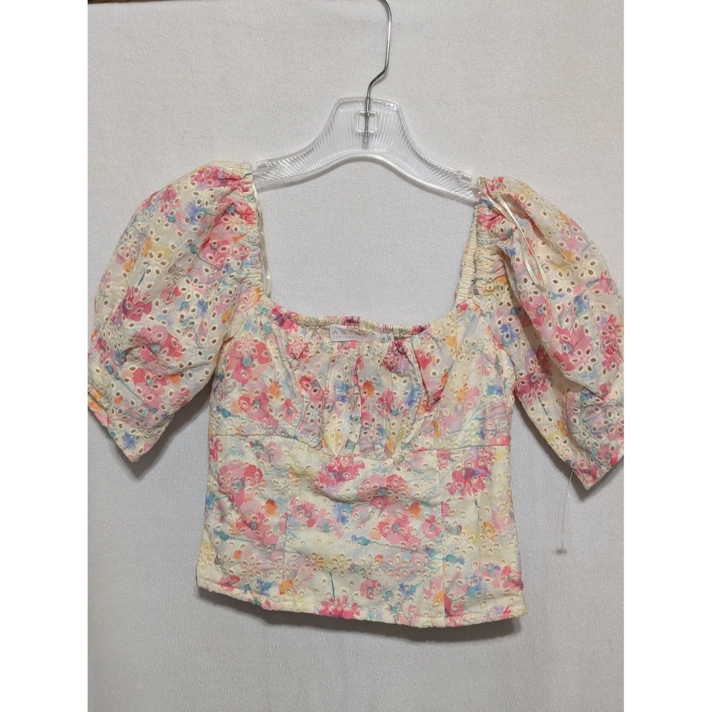 ASTR The Label Floral Eyelet Puff Sleeve Smocked Back Crop Top Multi Color XS